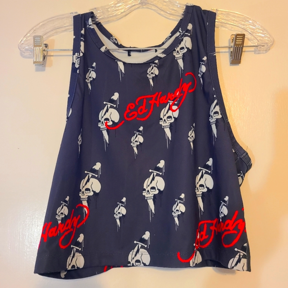 *Ed Hardy Women's Large Gray Skull Knife Tank Top Size Large